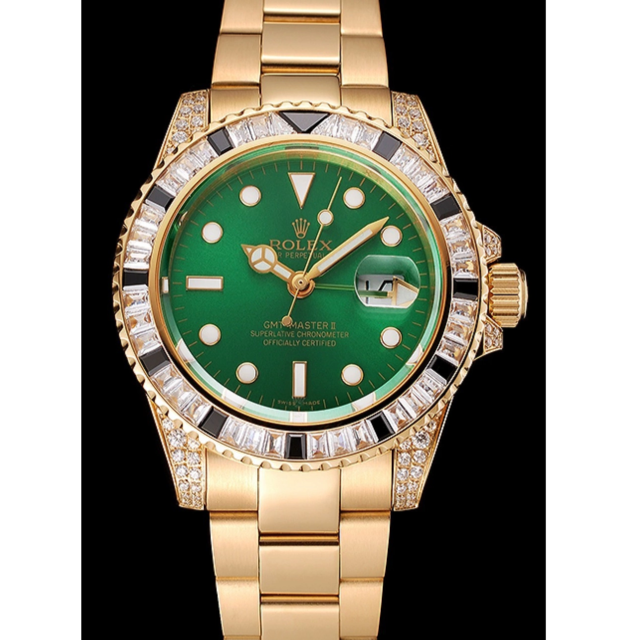 MiroTime 0724 Swiss Rolex GMT Master II Green Dial Stone Set Bezel Gold Case And Bracelet 1453748